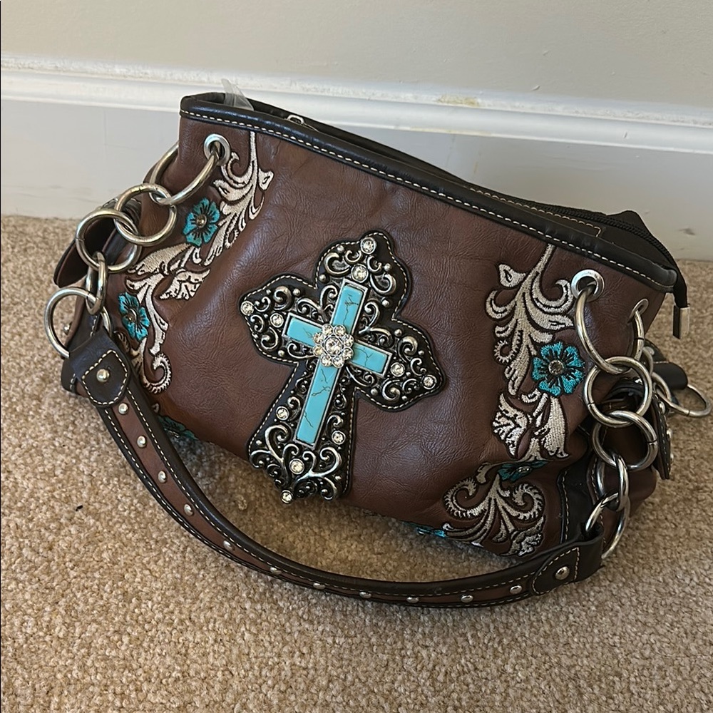 Montana West Brown and Blue Shoulder Bag with Western Embellishments